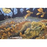 Limited Edition woodblock print, hare in a landscape, No. 97 of 125, by Andrew Haslen, signed in