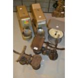 Pair of cast iron kitchen scales, lacking pans and weights, two universal money checker scales by