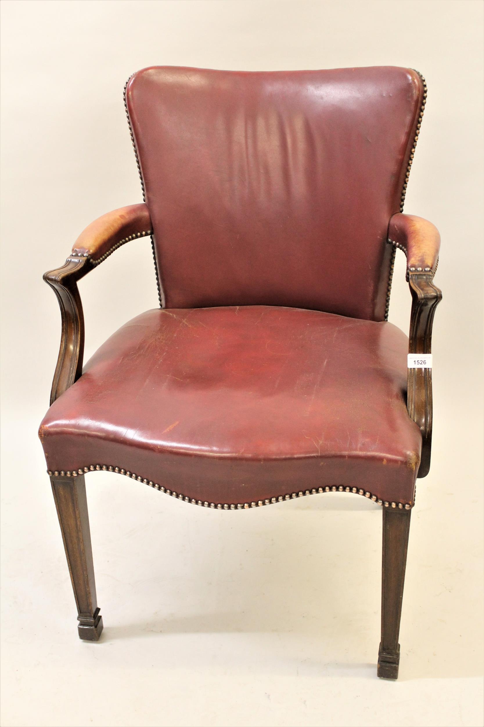 Early 20th Century mahogany red leather upholstered open office armchair on square tapering and