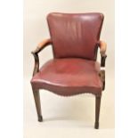 Early 20th Century mahogany red leather upholstered open office armchair on square tapering and