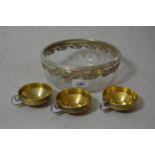 WMF silver plate mounted and cut glass bowl, and three metal and gilt engraved cups