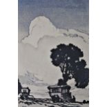 Hesketh Hubbard signed linocut print, gypsy caravans in a landscape, 11.5ins x 8.25ins including