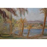 Oil on card, view of a coastal inlet ' Ismailia ', inscribed on frame plaque ' Letitia Hamilton ',