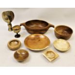 Collection of six Treenware bowls and a cup by W.J. Worthington (of various woods including