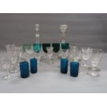 Quantity of 18th and 19th Century pedestal drinking glasses together with two glass decanters