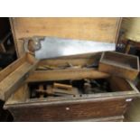 19th Century carpenter's trunk containing a quantity of various planes, chisels, saws etc.