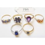 Group of six yellow and white 9ct gold and gem set dress rings