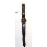 Favre-Leuba ladies gold plated quartz wristwatch on a black leather strap