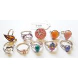 Group of ten various silver dress rings set gem and semi precious stones