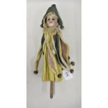 Late 19th / early 20th Century hand held doll / puppet having bisque head with glass eyes, open