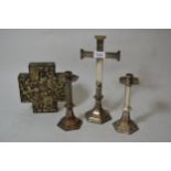 Silver plated altar crucifix with matching candlesticks, together with a Mexican Folk Art