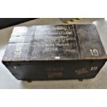 19th Century rectangular stained pine metal mounted trunk, inscribed to the top ' John Bentley,