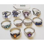 Group of ten various silver dress rings set gem and semi precious stones