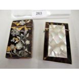 Victorian tortoiseshell and floral mother of pearl inlaid visiting card case, and another