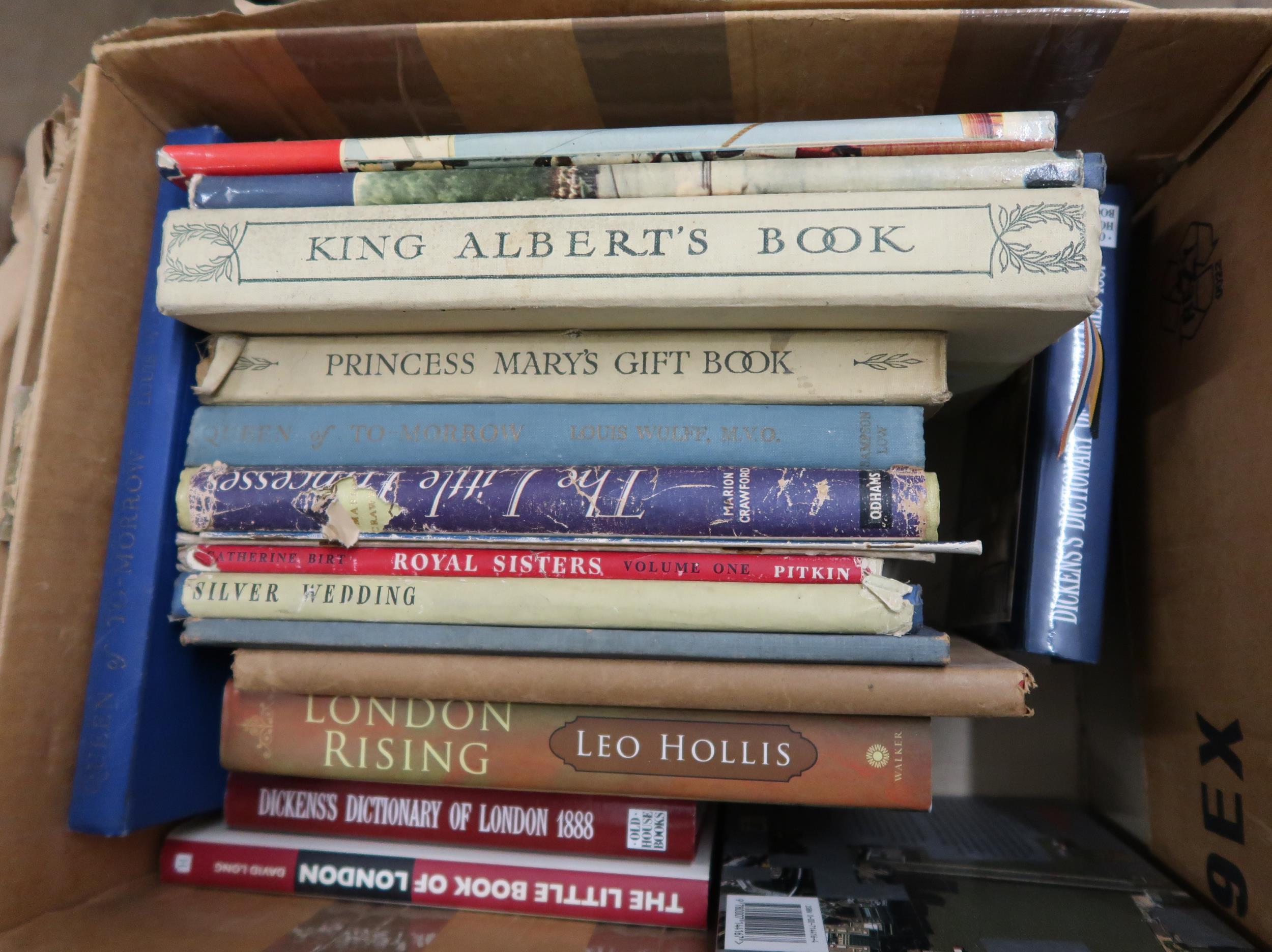 Two boxes containing a quantity of various 20th Century books, including King Alberts book, and