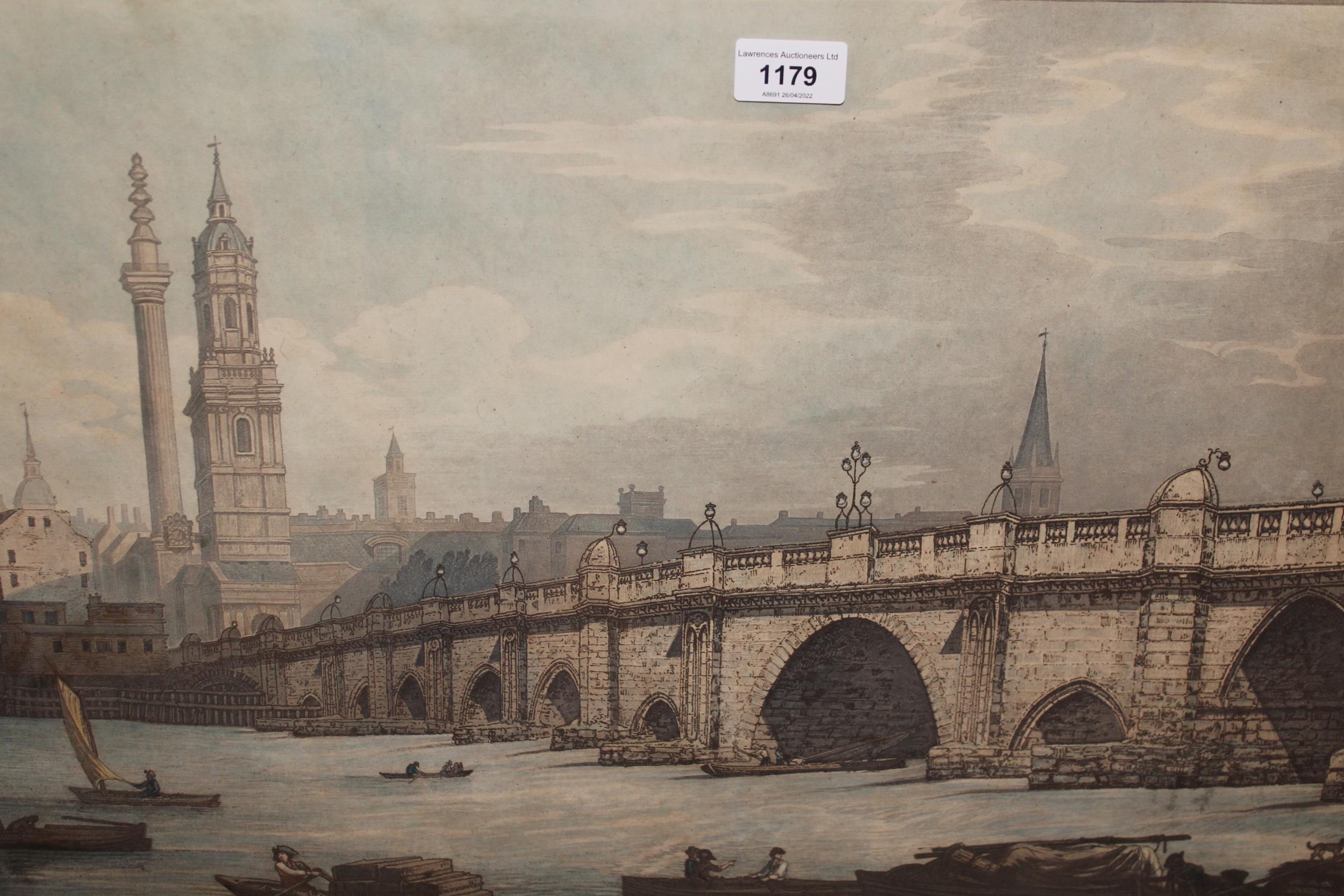 Pair of black framed coloured prints, view of London Bridge and view of Westminster, 17ins x 24.5ins