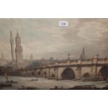 Pair of black framed coloured prints, view of London Bridge and view of Westminster, 17ins x 24.5ins