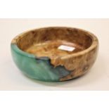 20th Century turned burr walnut and resin shallow bowl, 7.5ins diameter
