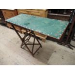 Mid 20th Century oak folding games table, together with a pair white painted iron kitchen scales