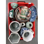 Box containing a quantity of various oriental porcelain including bowls, teapot, vases etc.