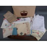 Box containing a quantity of various table linen, crochet work and needlework and an antique weaving