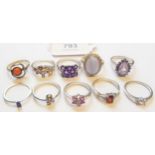 Group of ten various silver dress rings set gem and semi precious stones