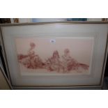 Sir William Russell Flint, signed sepia toned monochrome print, three seated girls, 11.75ins x 23.