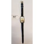 Jaeger Le Coultre, ladies rectangular stainless steel wristwatch, on a black leather strap