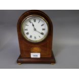 Edwardian mahogany line and lunette inlaid dome shaped mantel clock, the enamel dial with Roman