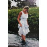 K. Tyler, late 20th Century oil on canvas, lady paddling in a stream wearing a white dress,