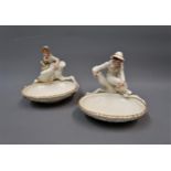 Pair of 19th Century Royal Worcester Kate Greenaway figural bonbon dishes, 6.5ins high x 6.5ins wide