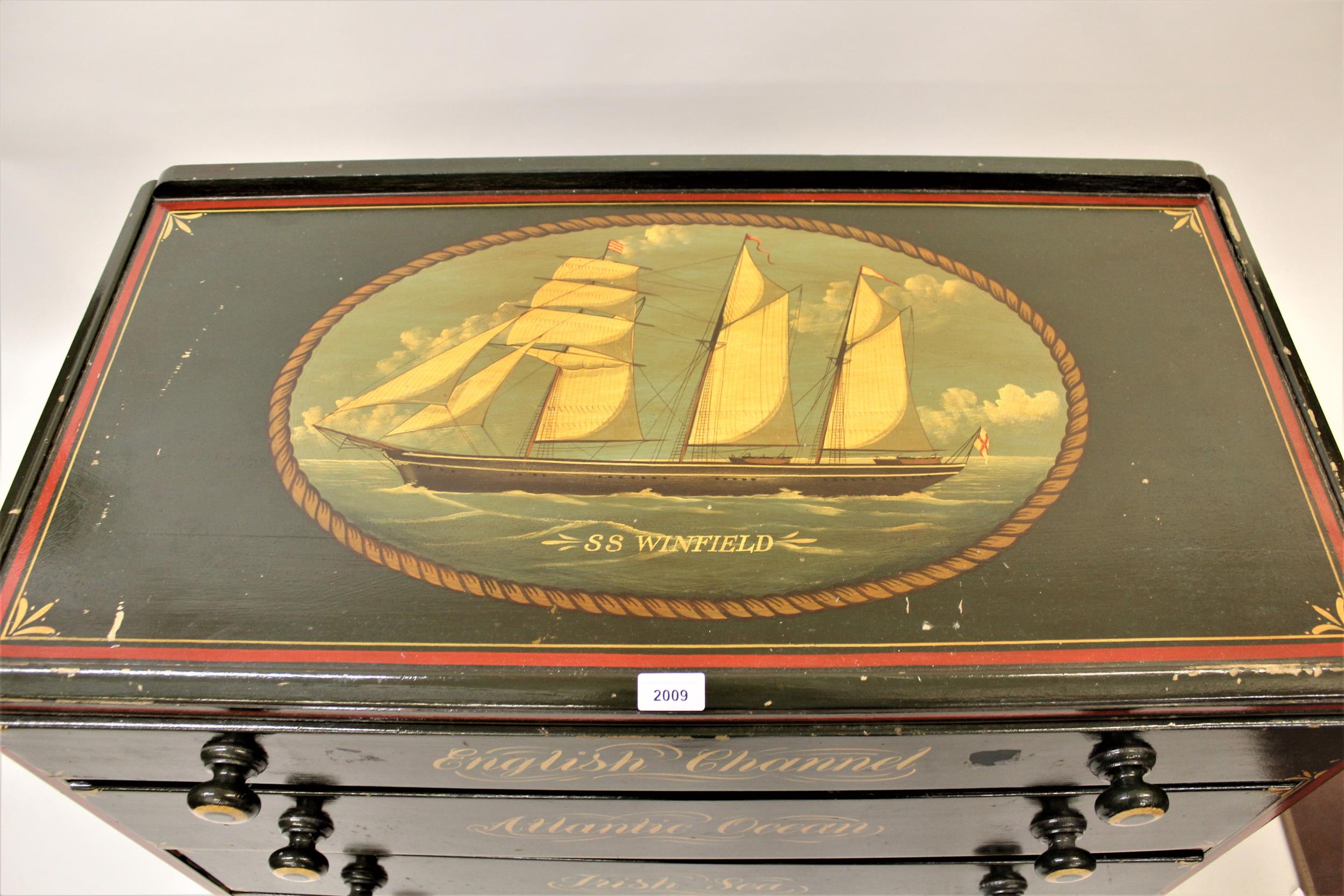 Green painted straight front chest, the top painted with a three masted clipper S.S. Winfield, above - Image 2 of 4