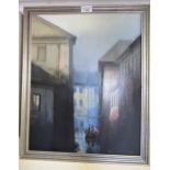 Oil on canvas, street scene with figure and horse-drawn cart, indistinctly signed, 19.5ins x 15.5ins