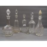 Group of three 19th Century cut glass decanters, and two later moulded glass decanters (at fault)