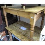 Small 19th Century pine scrub top kitchen table with a single end drawer, on turned tapering