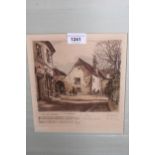 Group of five German coloured etchings of town scenes, with fragments of music scores by Beethoven