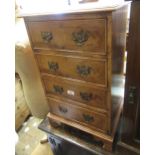 Reproduction yew wood bedside chest of drawers and another small three drawer plywood chest of