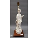 Chinese blond de chine figure of a Goddess, 15ins high (with damages), later mounted as a table lamp