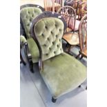Late Victorian stained and beechwood ladies and gentleman's drawing room chairs with green button