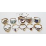 Group of ten various silver dress rings set gem and semi precious stones