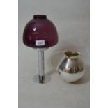 Chrome storm lamp with amethyst glass shade labelled Hans-Agne Jacobsson, Sweden, 13.5ins high