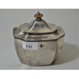 London silver tea caddy, the hinged cover mounted with a boxwood finial on waisted shaped body,
