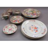 Set of three Chinese enamel and floral decorated plates, two enamel and figural decorated dishes (at
