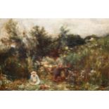 19th Century oil on canvas, two children gathering flowers by a woodland lake, 8ins x 10ins