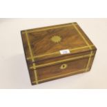 Small Victorian figured walnut and brass inlaid fold-over writing slope with fitted interior, 11.
