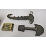 Middle Eastern brass and white metal dagger handle and scabbard (lacking blade) and a small oriental