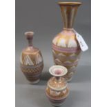 Mary Rich, group of three various baluster form vases, each with bands of gilt decoration, the