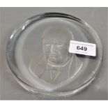20th Century glass paperweight decorated with a head and shoulder portrait of Churchill, engraved