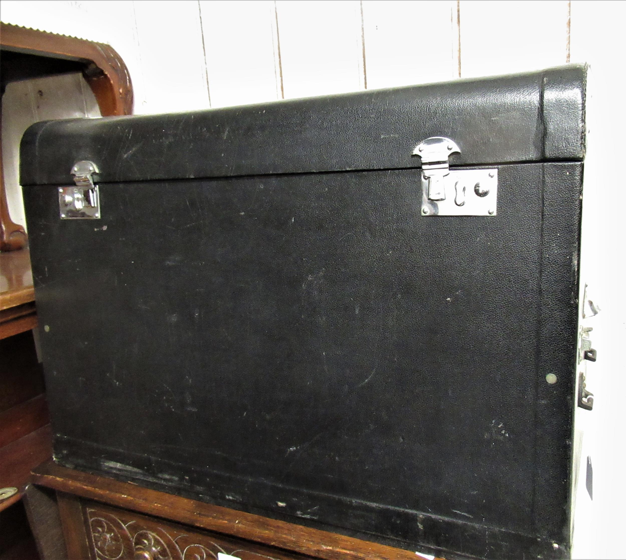 Large early 20th Century faux leather covered car trunk with chrome handles and lock plates, 30ins