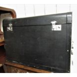 Large early 20th Century faux leather covered car trunk with chrome handles and lock plates, 30ins